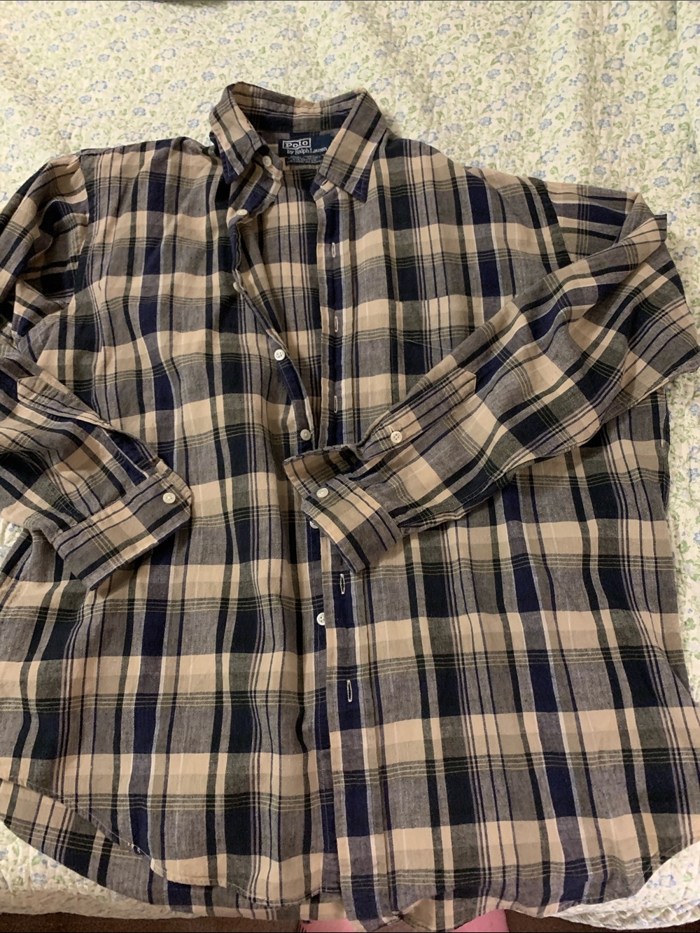 Ralph Lauren Beige and Navy Plaid Button-Down Shirt